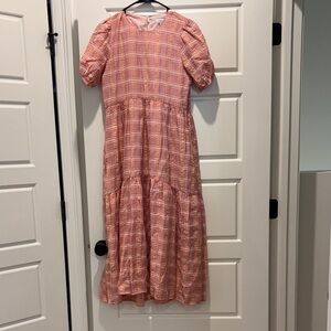 Urban Revivo Chic Pink Orange Pastel Plaid Checkered Midi Dress with Pockets